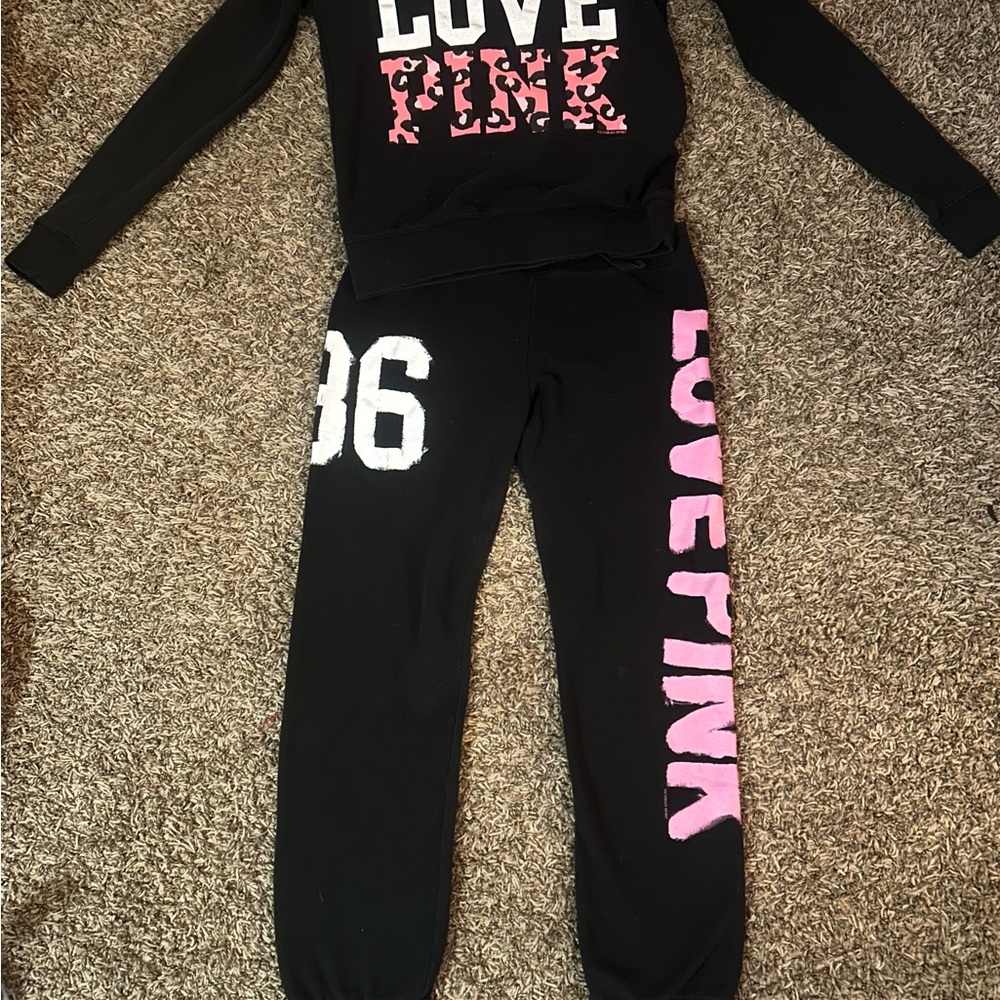 Victoria Secret Black and Pink Love Pink Sweatshirt and Sweatpants Set